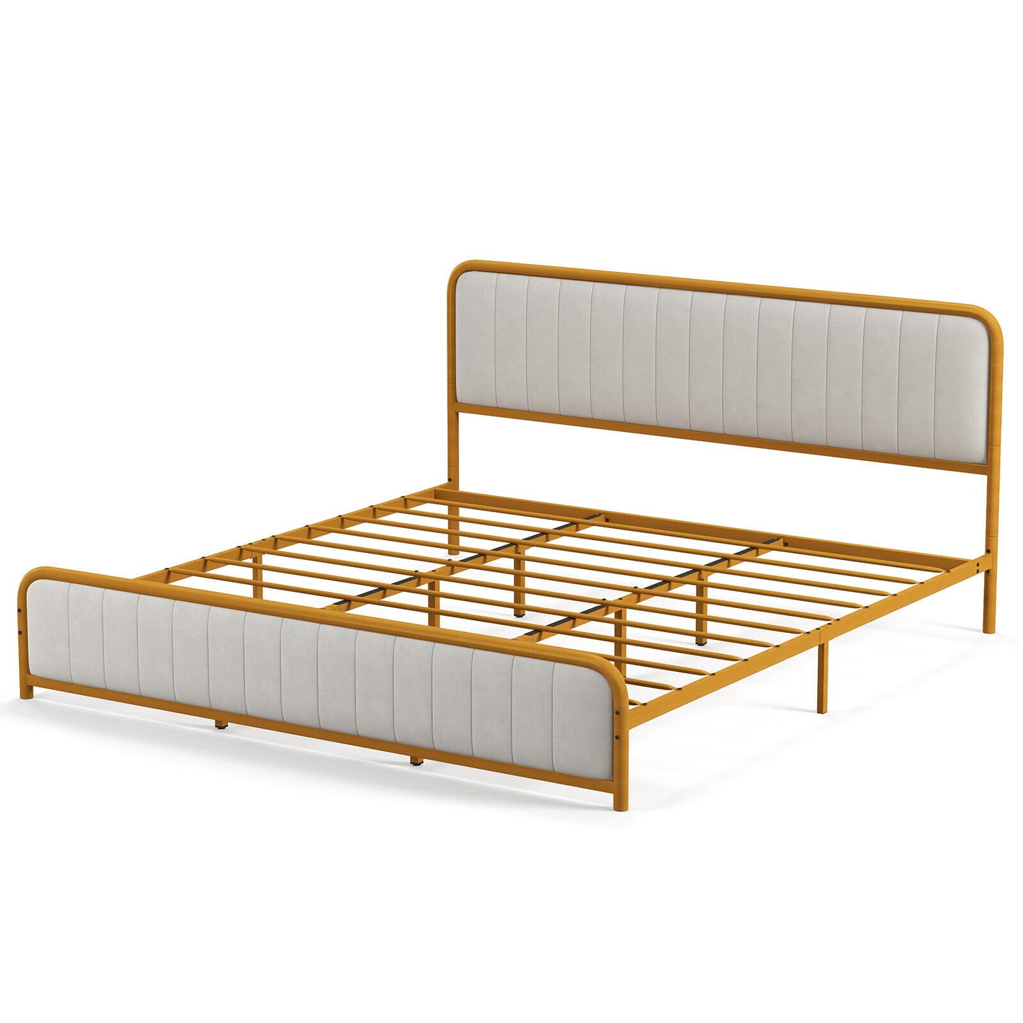 Premium Gold Upholstered Platform Bed Frame with Luxurious Velvet Headboard – King Size