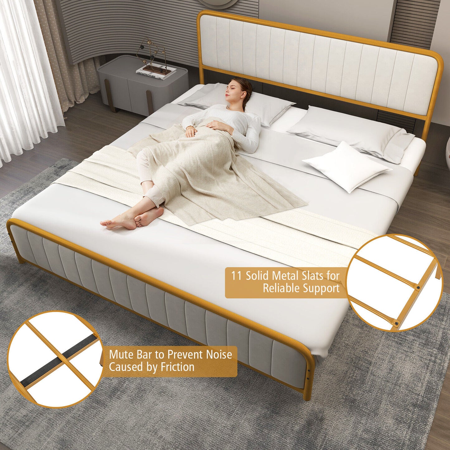 Premium Gold Upholstered Platform Bed Frame with Luxurious Velvet Headboard – King Size