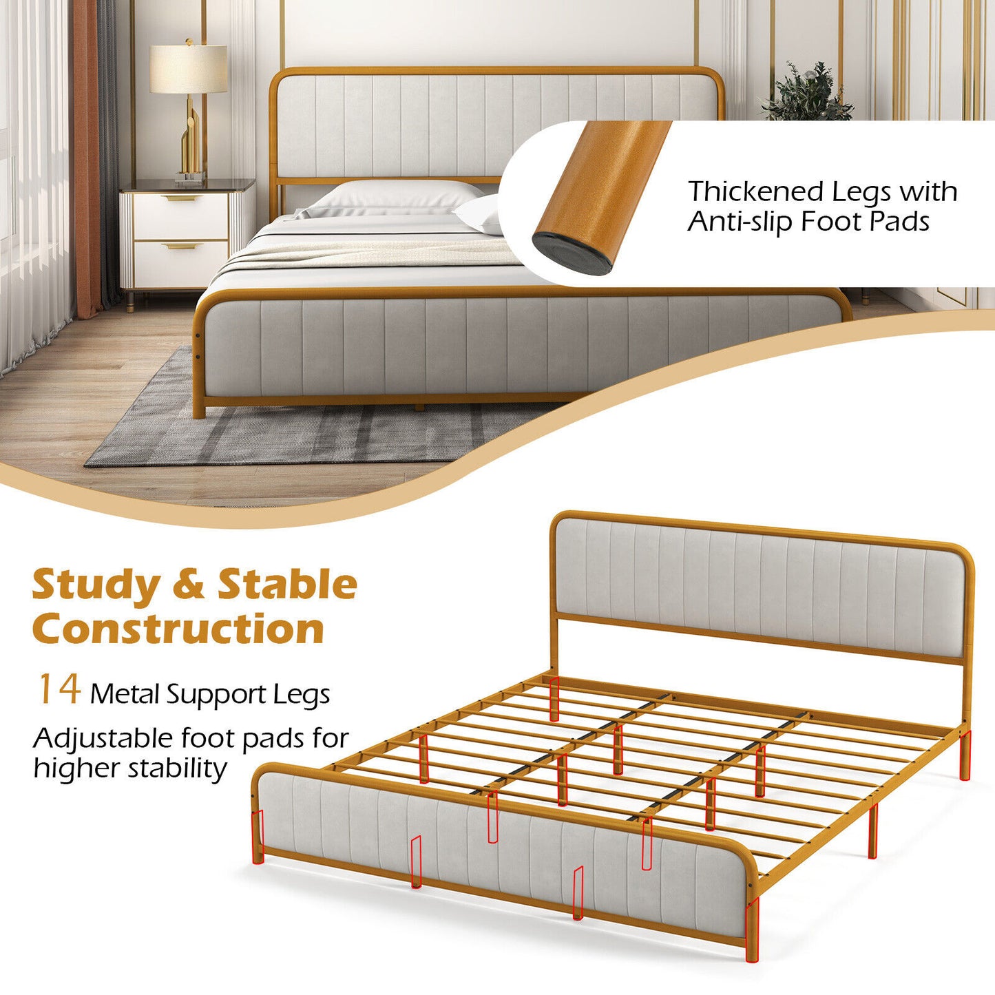 Premium Gold Upholstered Platform Bed Frame with Luxurious Velvet Headboard – King Size