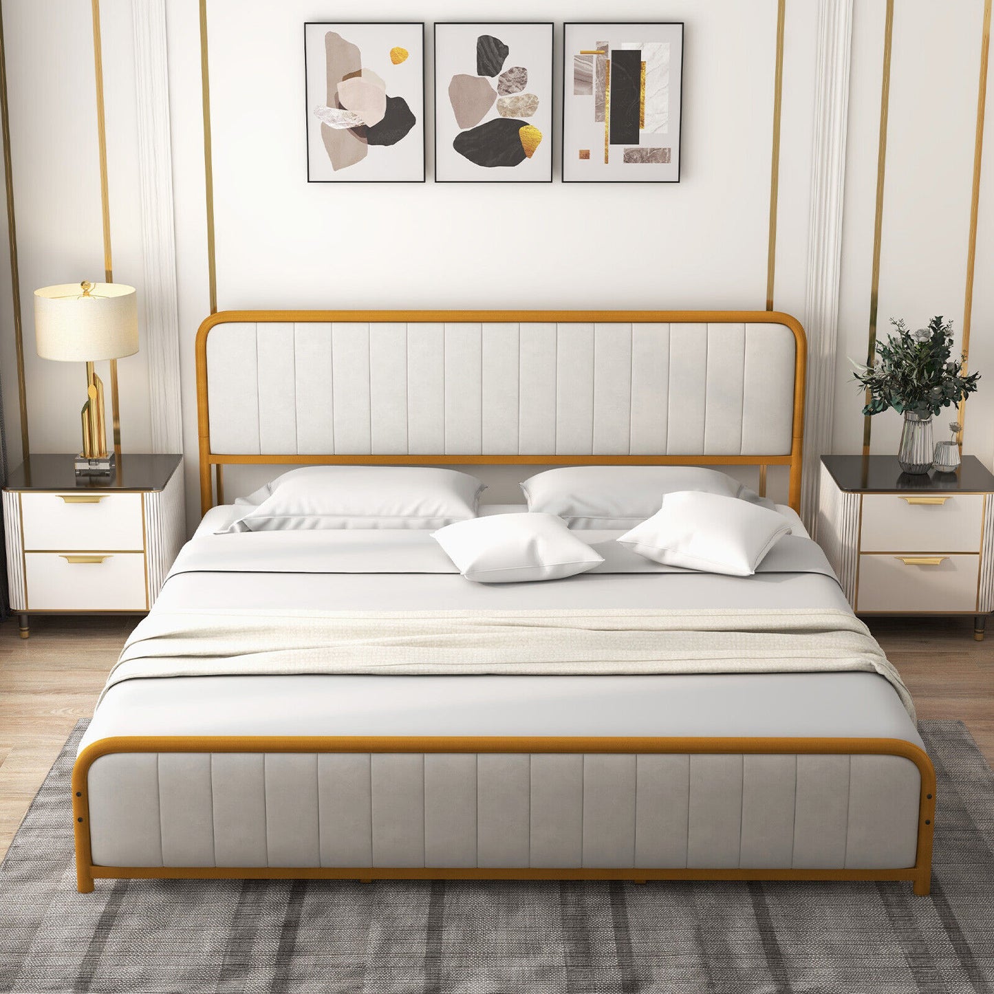 Premium Gold Upholstered Platform Bed Frame with Luxurious Velvet Headboard – King Size