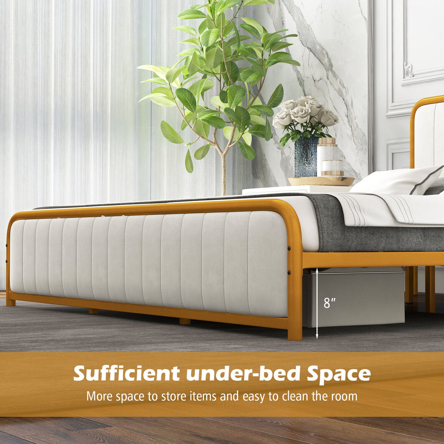 Premium Gold Upholstered Platform Bed Frame with Luxurious Velvet Headboard – King Size