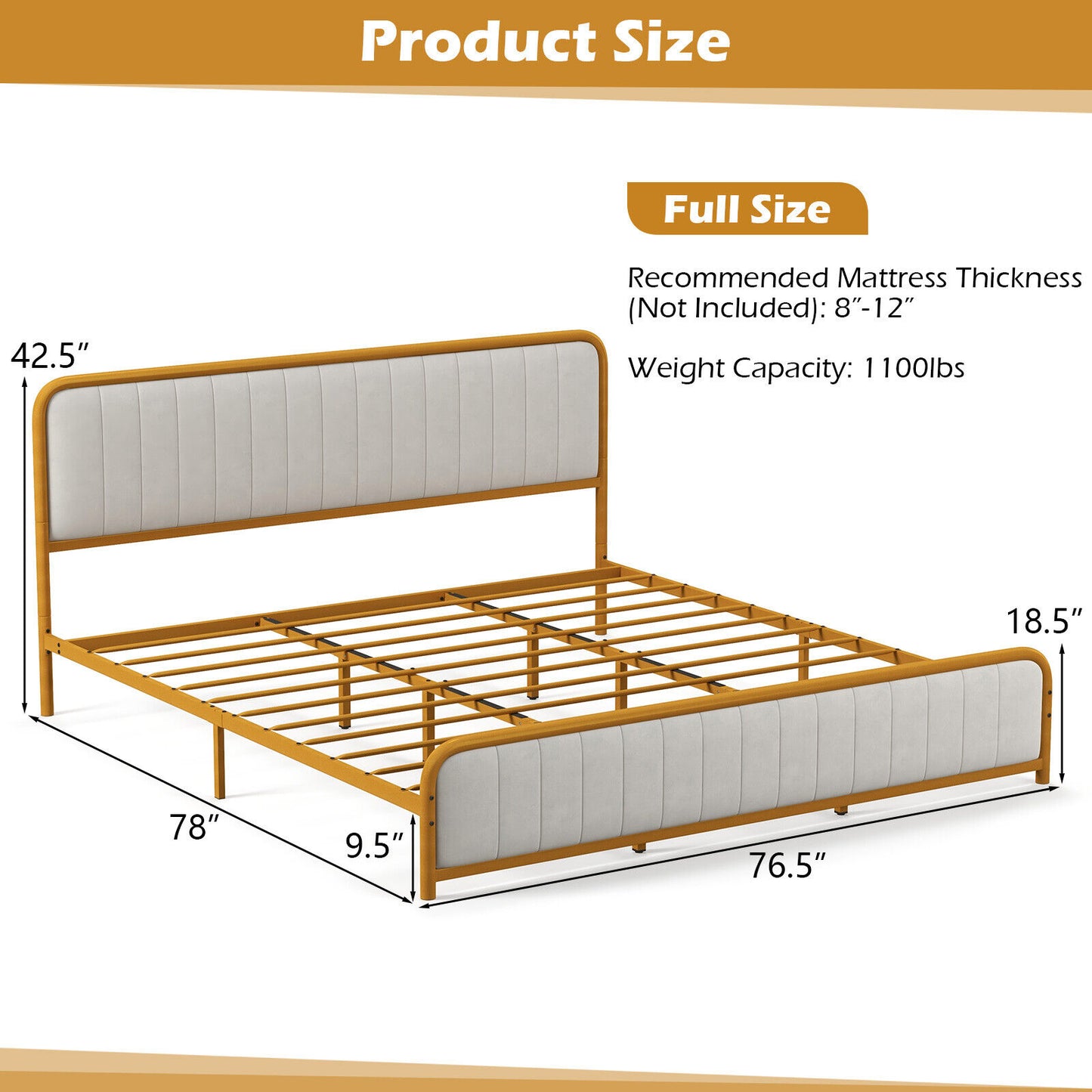 Premium Gold Upholstered Platform Bed Frame with Luxurious Velvet Headboard – King Size