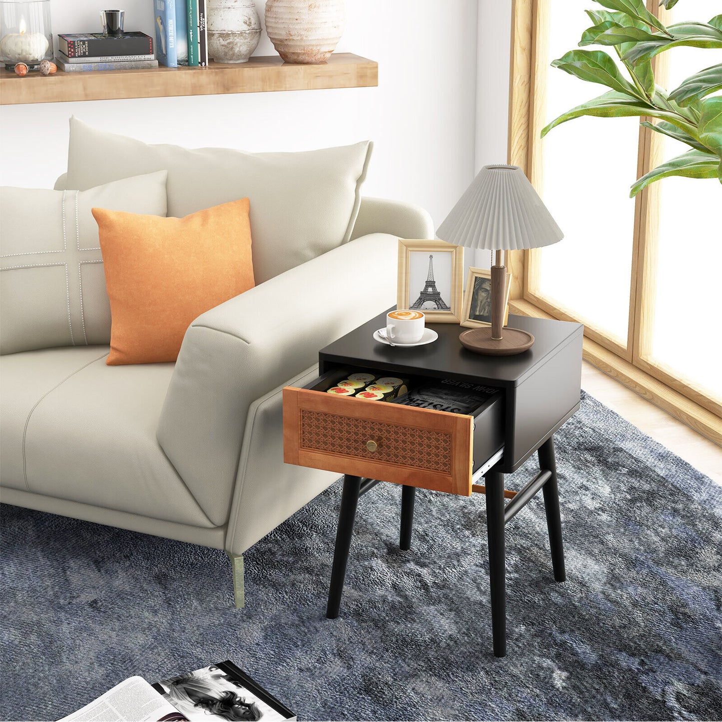Stylish 1-Drawer Bedside Table with Sleek Handle and Sturdy Wood Legs Black