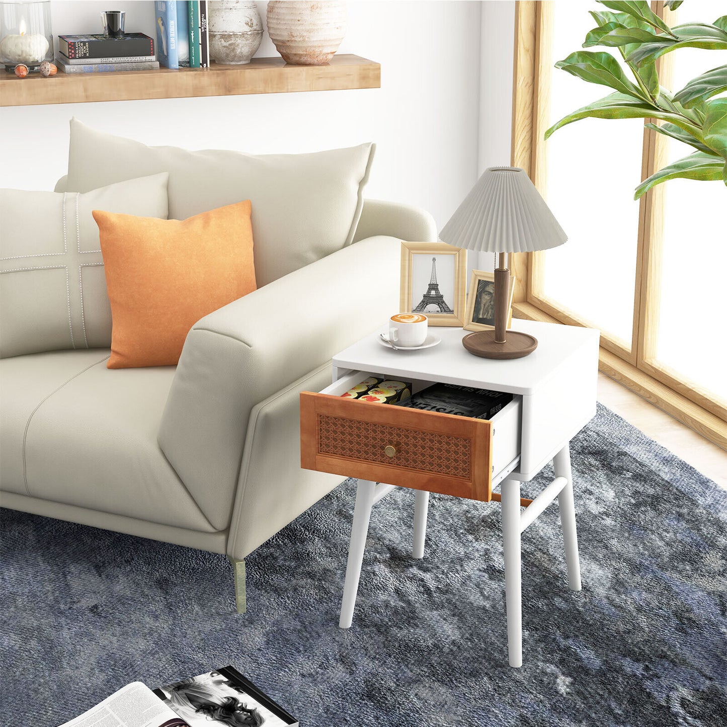 Stylish 1-Drawer Bedside Table with Sleek Handle and Sturdy Wood Legs White