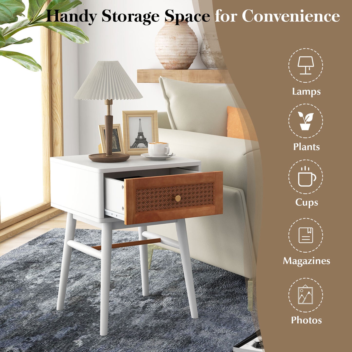 Stylish 1-Drawer Bedside Table with Sleek Handle and Sturdy Wood Legs White