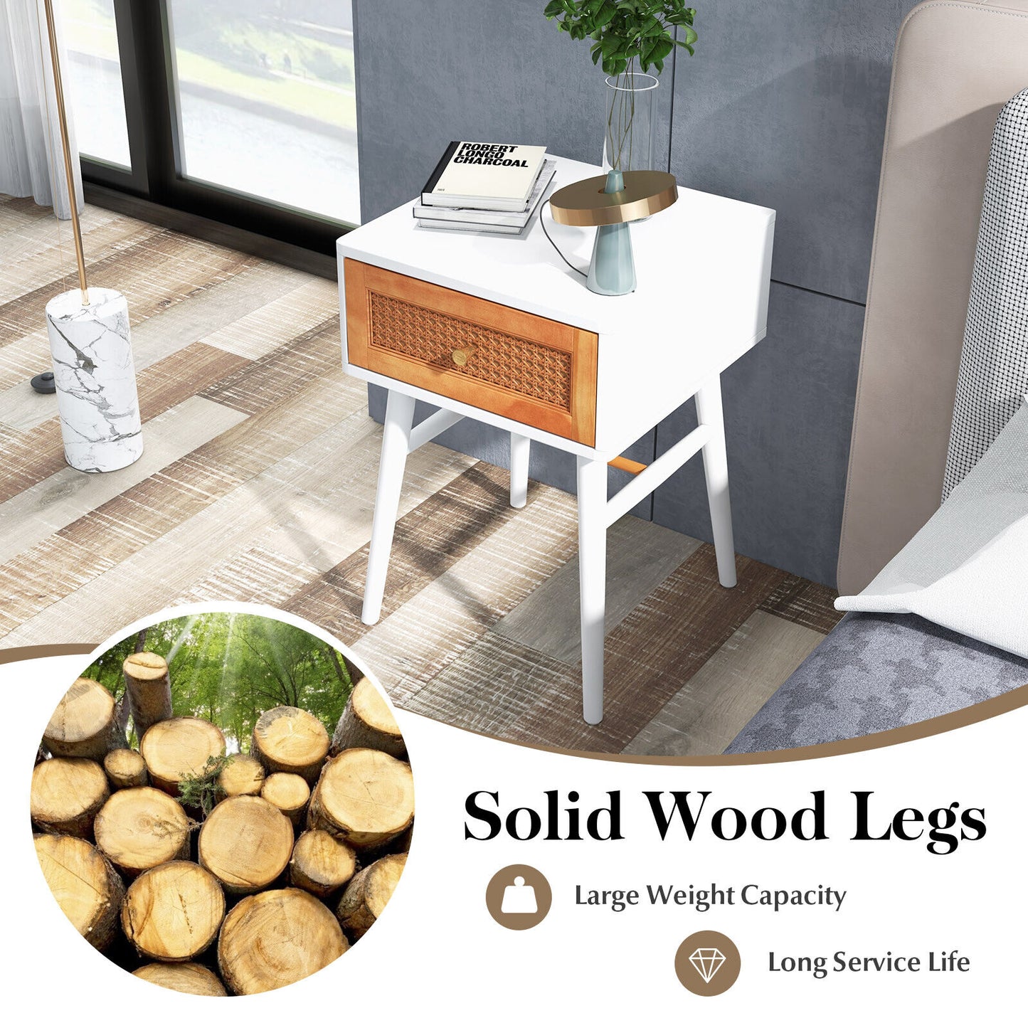 Stylish 1-Drawer Bedside Table with Sleek Handle and Sturdy Wood Legs White