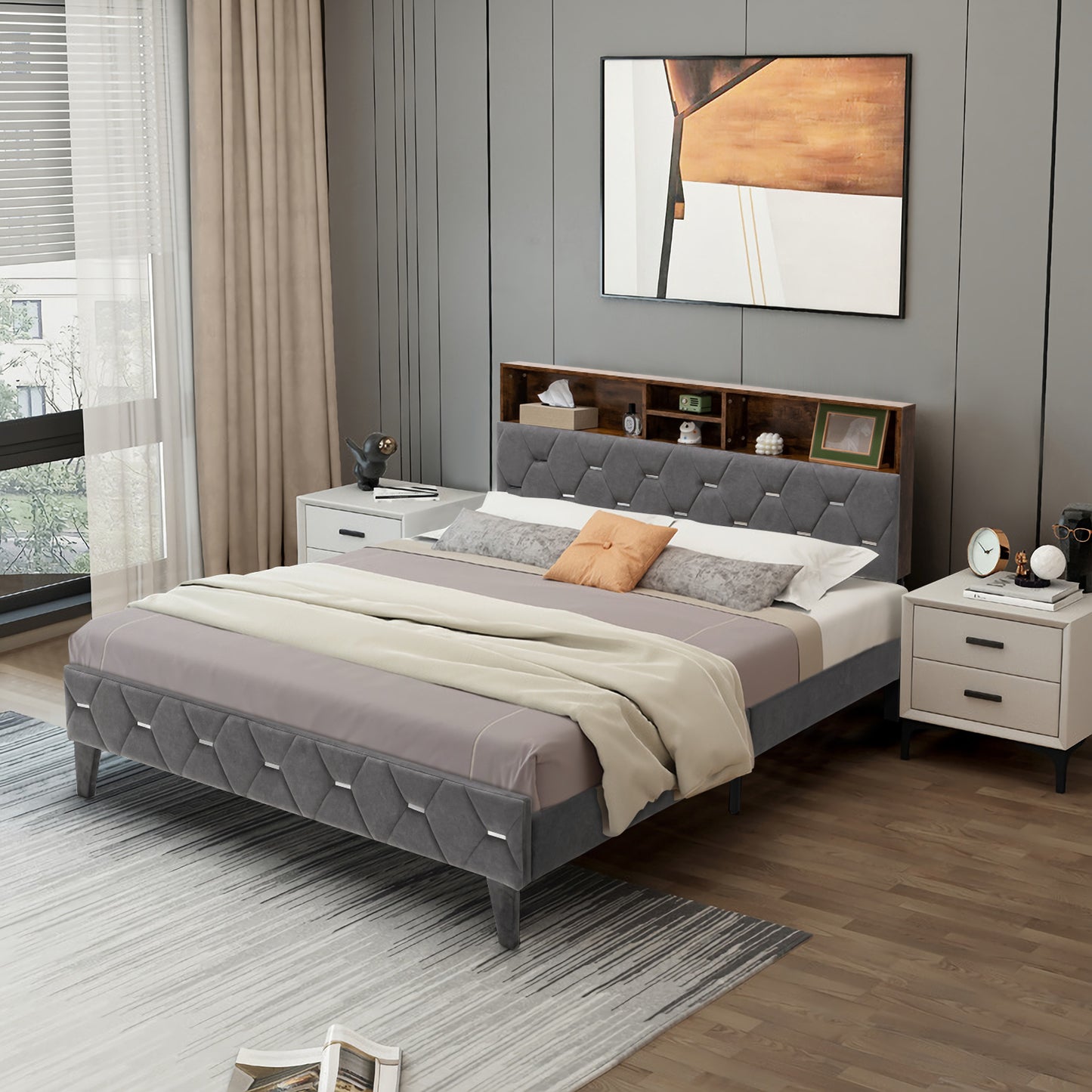 Premium Upholstered Bed Frame with Storage Headboard – Full & Queen Size