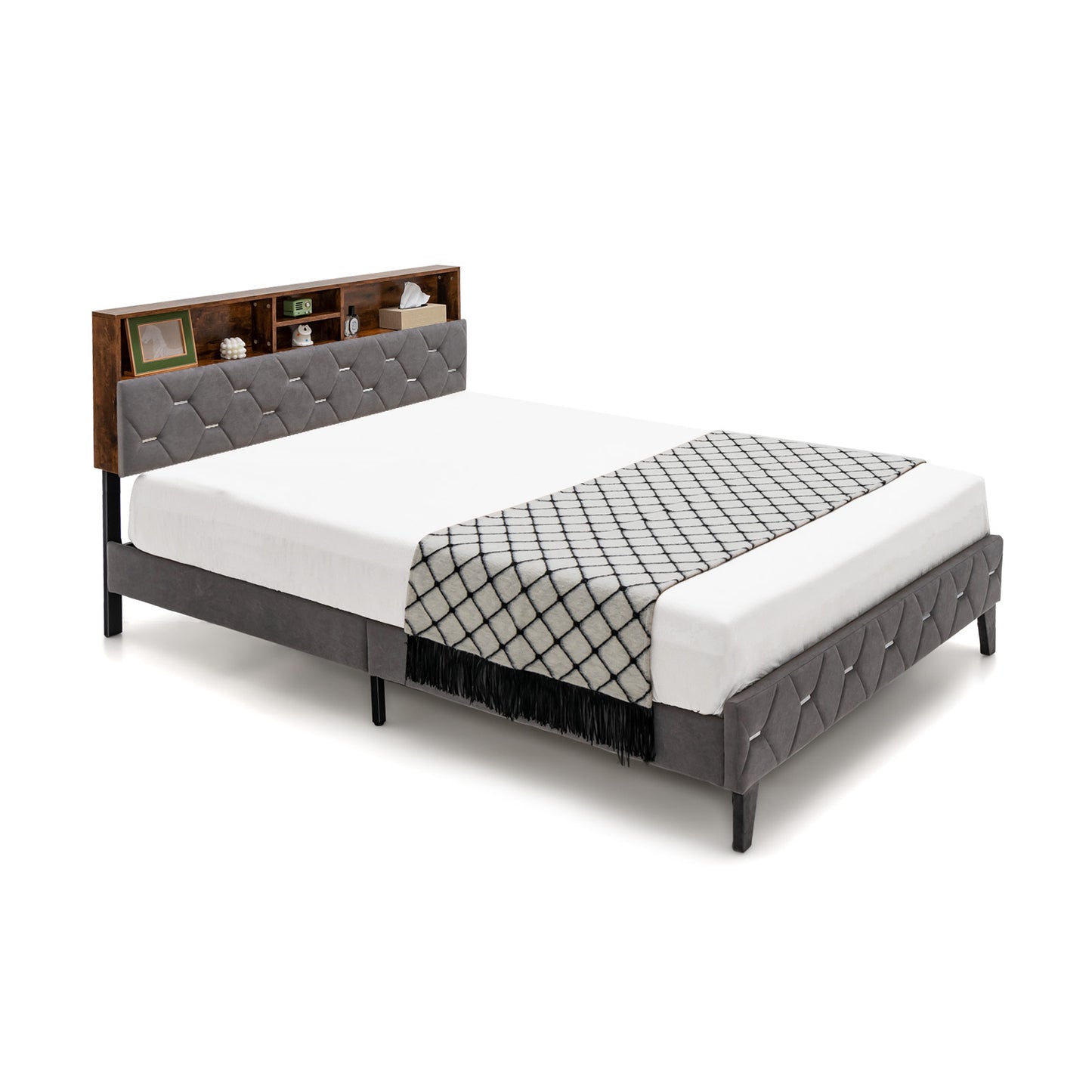 Premium Upholstered Bed Frame with Storage Headboard – Full & Queen Size