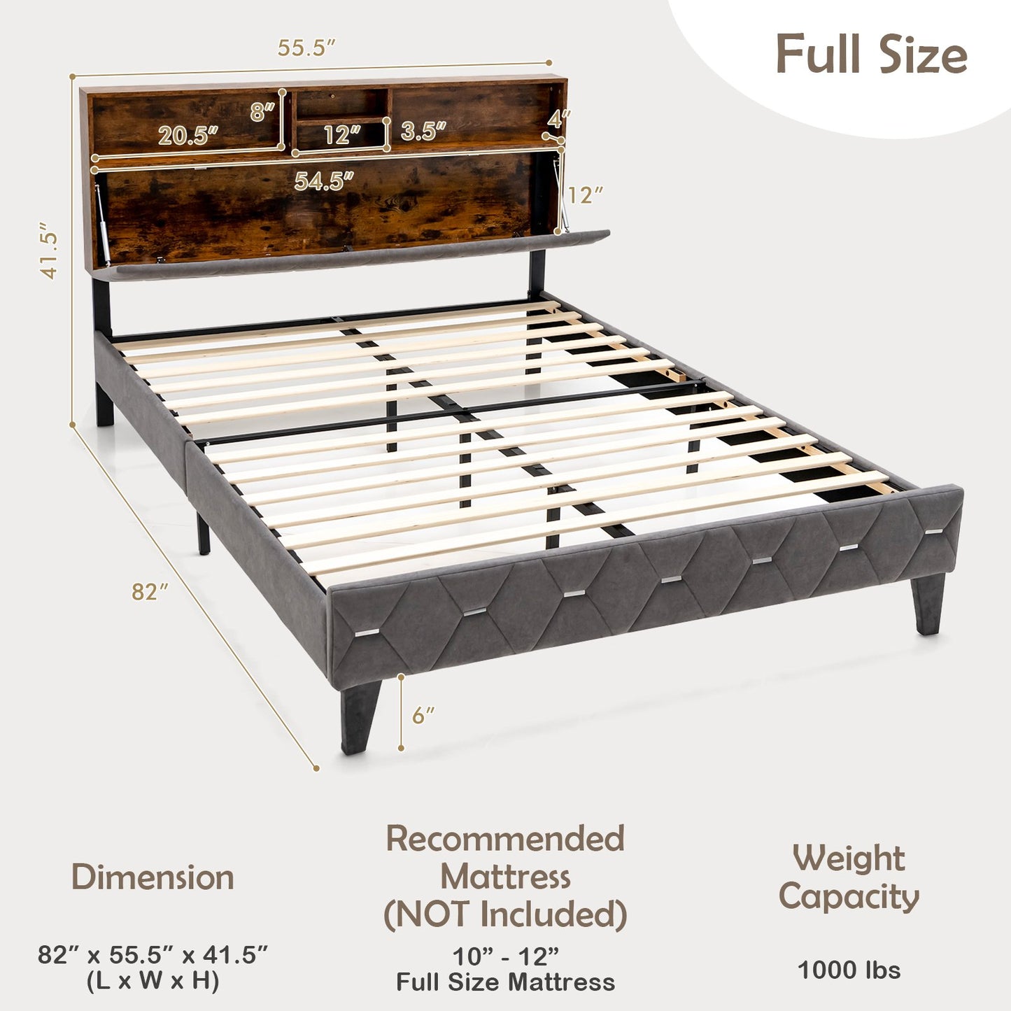 Premium Upholstered Bed Frame with Storage Headboard – Full & Queen Size
