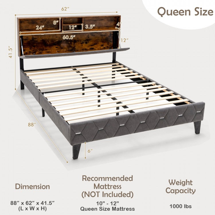 Premium Upholstered Bed Frame with Storage Headboard – Full & Queen Size