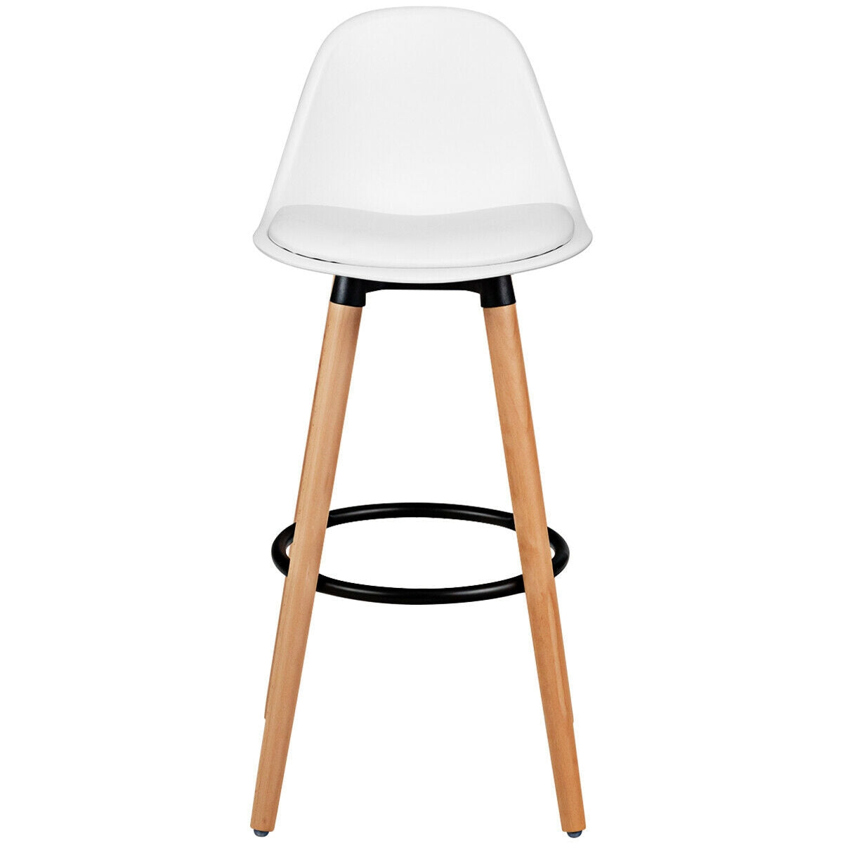 Set of 2 Mid-Century Modern Bar Stools with PU Leather Seats and Beech Wood Legs 28.5 Inch - White