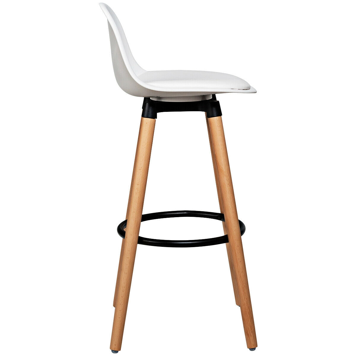 Set of 2 Mid-Century Modern Bar Stools with PU Leather Seats and Beech Wood Legs 28.5 Inch - White