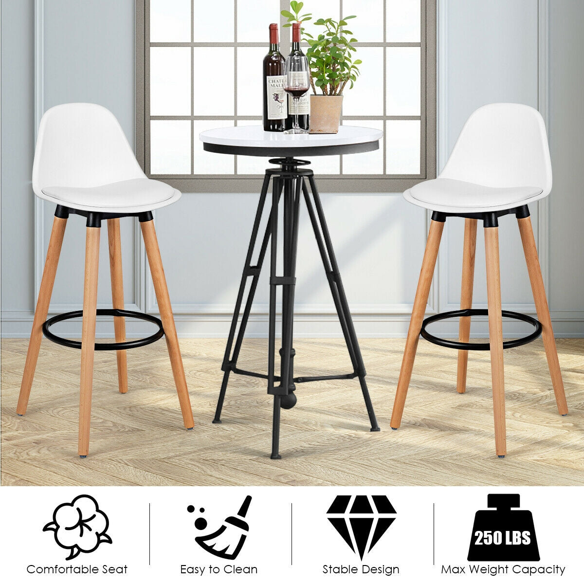 Set of 2 Mid-Century Modern Bar Stools with PU Leather Seats and Beech Wood Legs 28.5 Inch - White