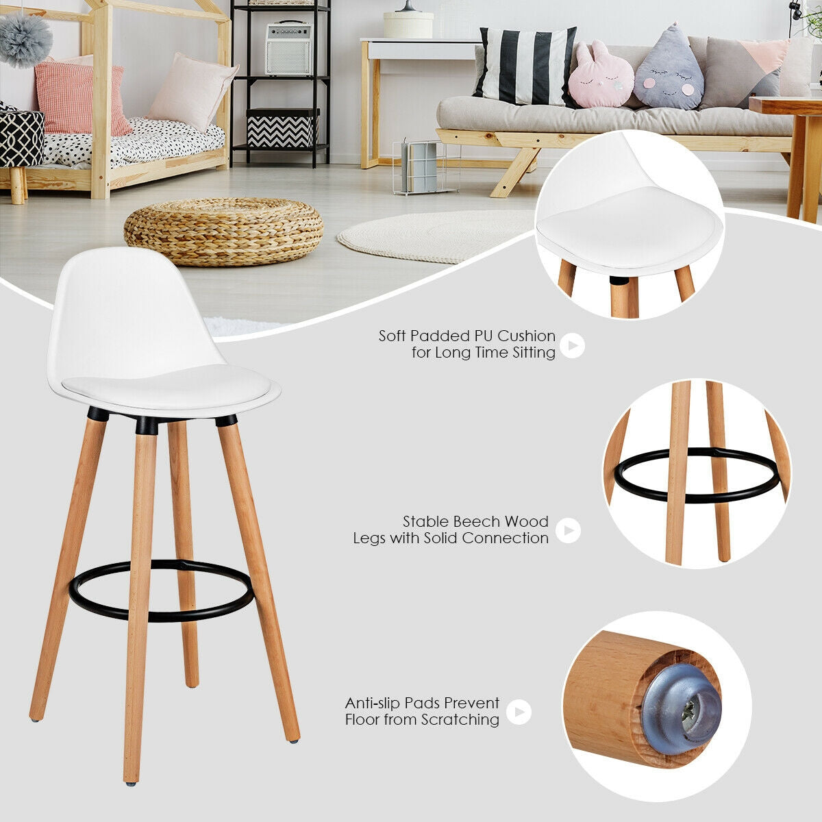 Set of 2 Mid-Century Modern Bar Stools with PU Leather Seats and Beech Wood Legs 28.5 Inch - White