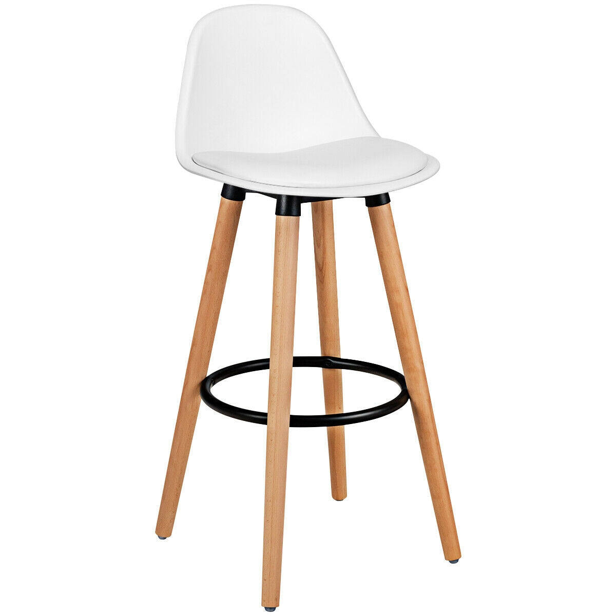 Set of 2 Mid-Century Modern Bar Stools with PU Leather Seats and Beech Wood Legs 28.5 Inch - White