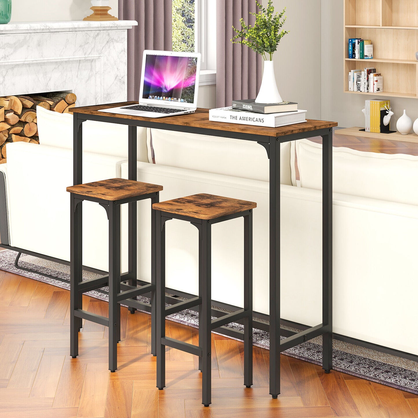 Industrial 3 Piece Bar Table Set with Metal Frame and Wood Top for Kitchen or Dining