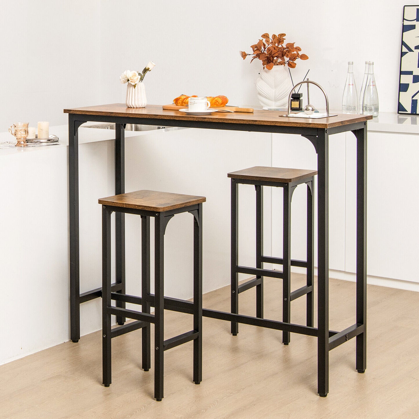 Industrial 3 Piece Bar Table Set with Metal Frame and Wood Top for Kitchen or Dining
