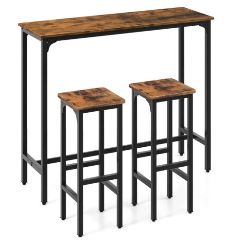 Industrial 3 Piece Bar Table Set with Metal Frame and Wood Top for Kitchen or Dining
