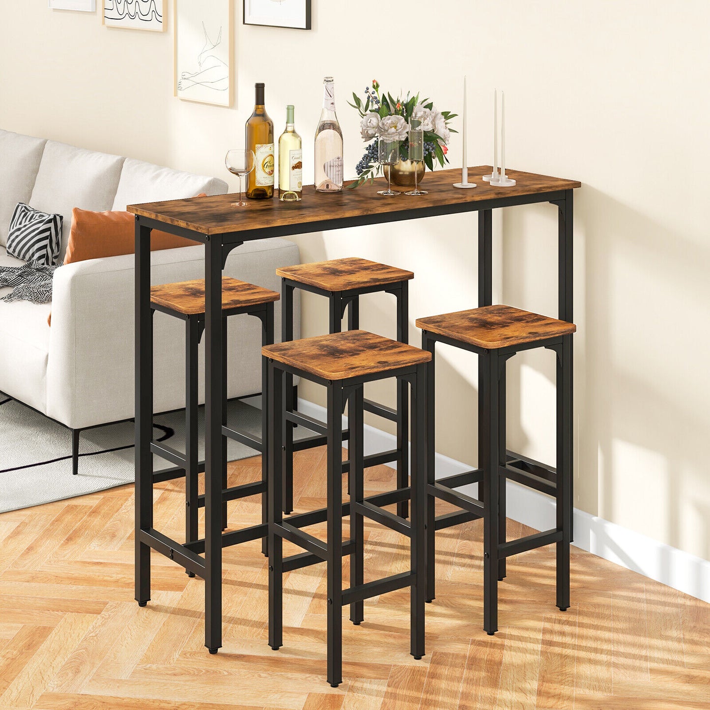 Industrial 3 Piece Bar Table Set with Metal Frame and Wood Top for Kitchen or Dining