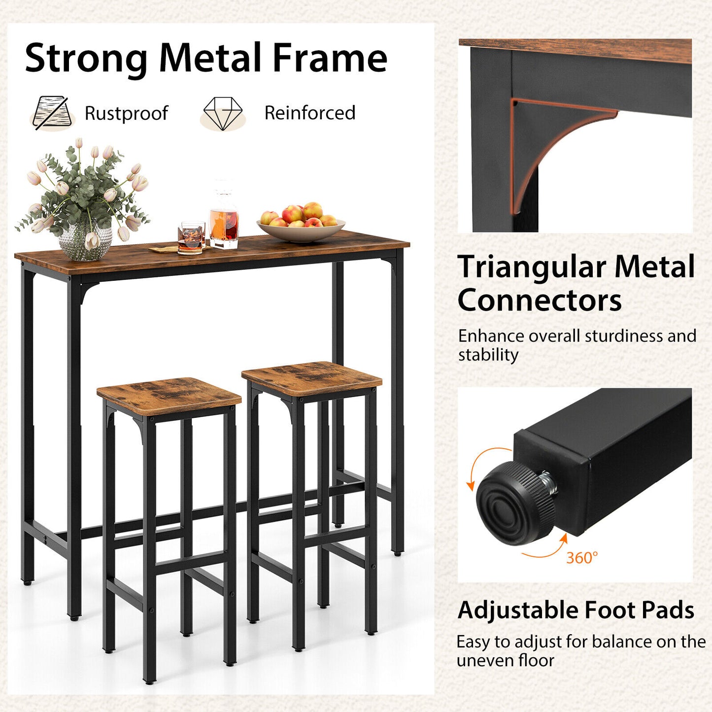 Industrial 3 Piece Bar Table Set with Metal Frame and Wood Top for Kitchen or Dining