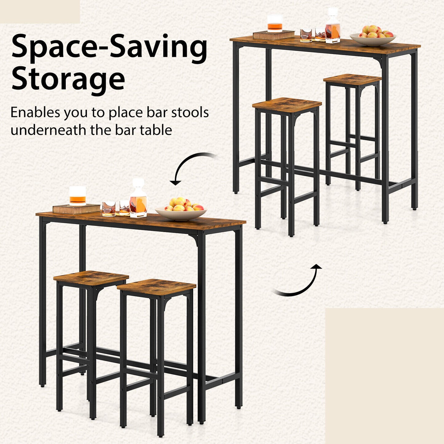 Industrial 3 Piece Bar Table Set with Metal Frame and Wood Top for Kitchen or Dining