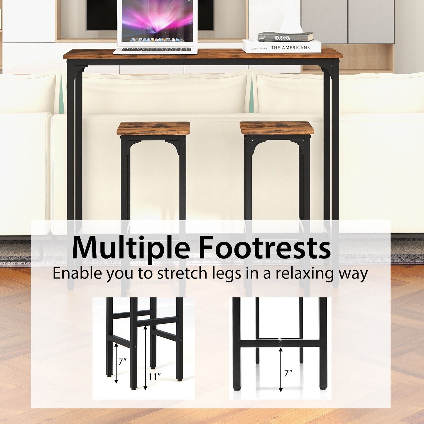 Industrial 3 Piece Bar Table Set with Metal Frame and Wood Top for Kitchen or Dining