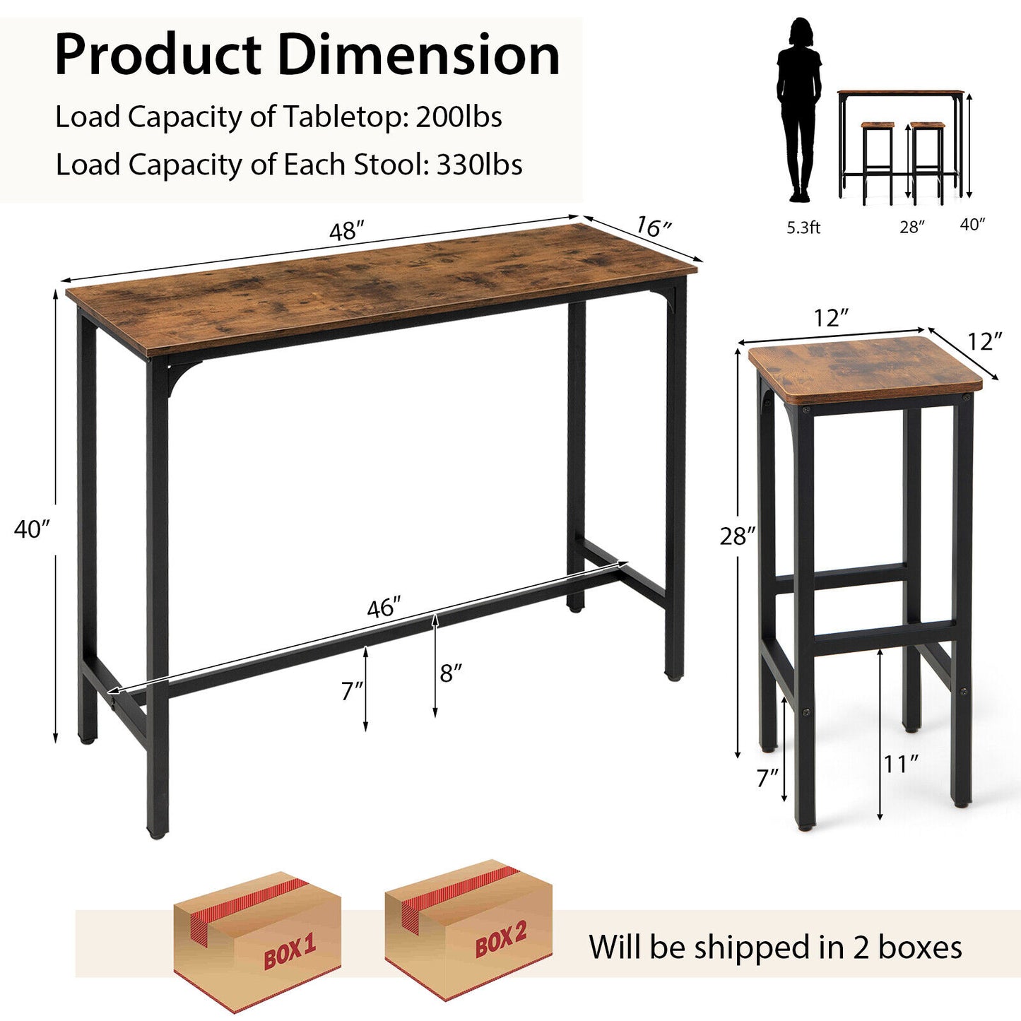 Industrial 3 Piece Bar Table Set with Metal Frame and Wood Top for Kitchen or Dining