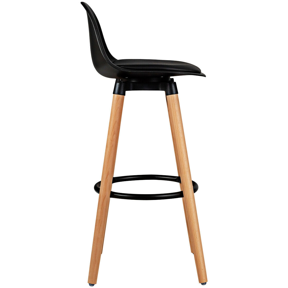 Set of 2 Mid-Century Modern Bar Stools with PU Leather Seats and Beech Wood Legs 28.5 Inch - Black