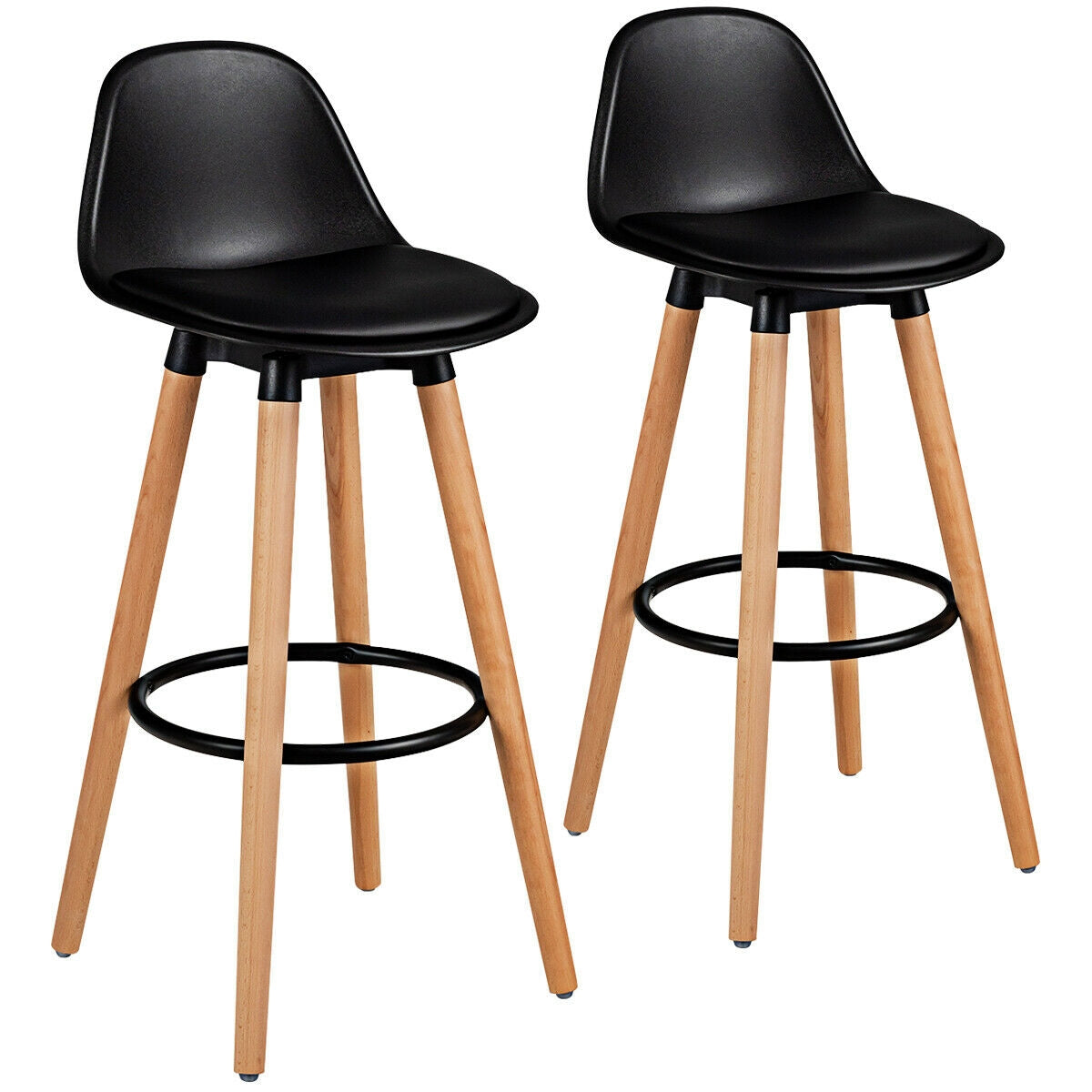 Set of 2 Mid-Century Modern Bar Stools with PU Leather Seats and Beech Wood Legs 28.5 Inch - Black