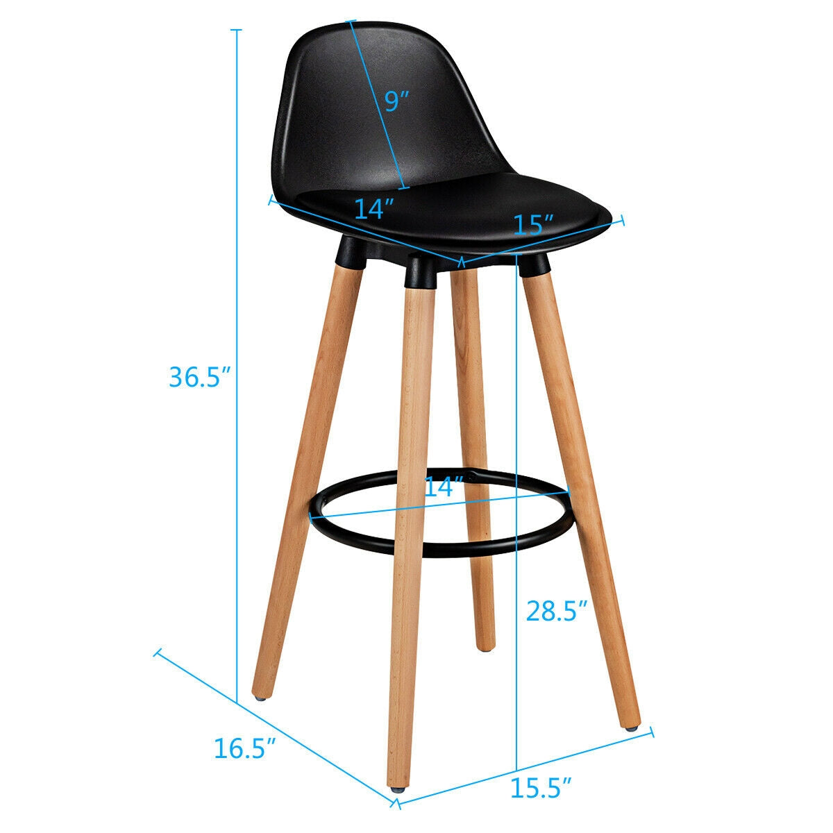 Set of 2 Mid-Century Modern Bar Stools with PU Leather Seats and Beech Wood Legs 28.5 Inch - Black