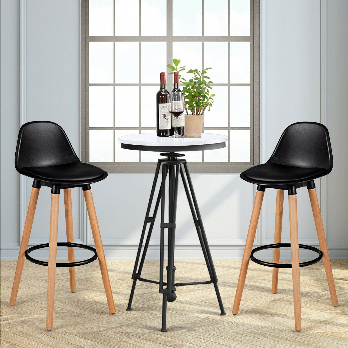 Set of 2 Mid-Century Modern Bar Stools with PU Leather Seats and Beech Wood Legs 28.5 Inch - Black