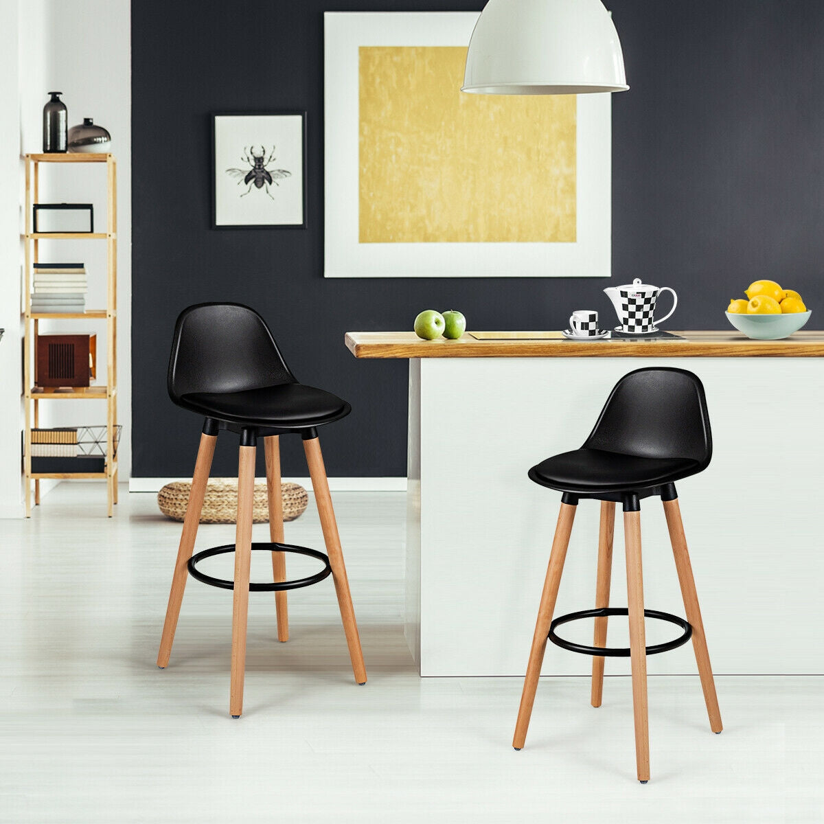 Set of 2 Mid-Century Modern Bar Stools with PU Leather Seats and Beech Wood Legs 28.5 Inch - Black