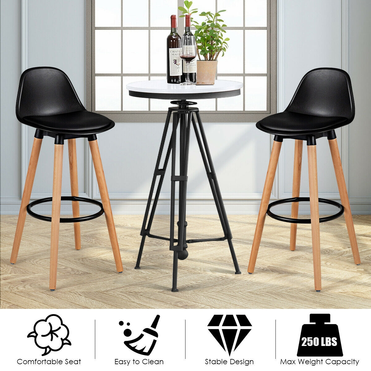 Set of 2 Mid-Century Modern Bar Stools with PU Leather Seats and Beech Wood Legs 28.5 Inch - Black