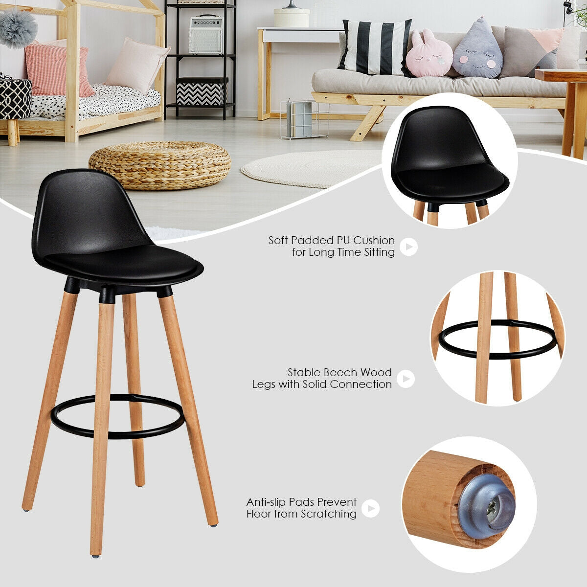 Set of 2 Mid-Century Modern Bar Stools with PU Leather Seats and Beech Wood Legs 28.5 Inch - Black
