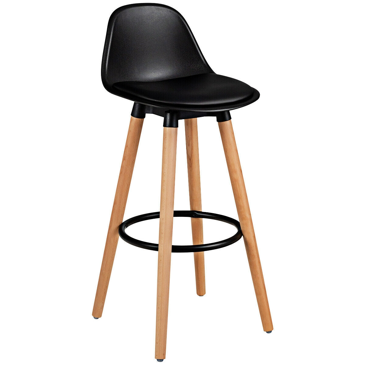 Set of 2 Mid-Century Modern Bar Stools with PU Leather Seats and Beech Wood Legs 28.5 Inch - Black