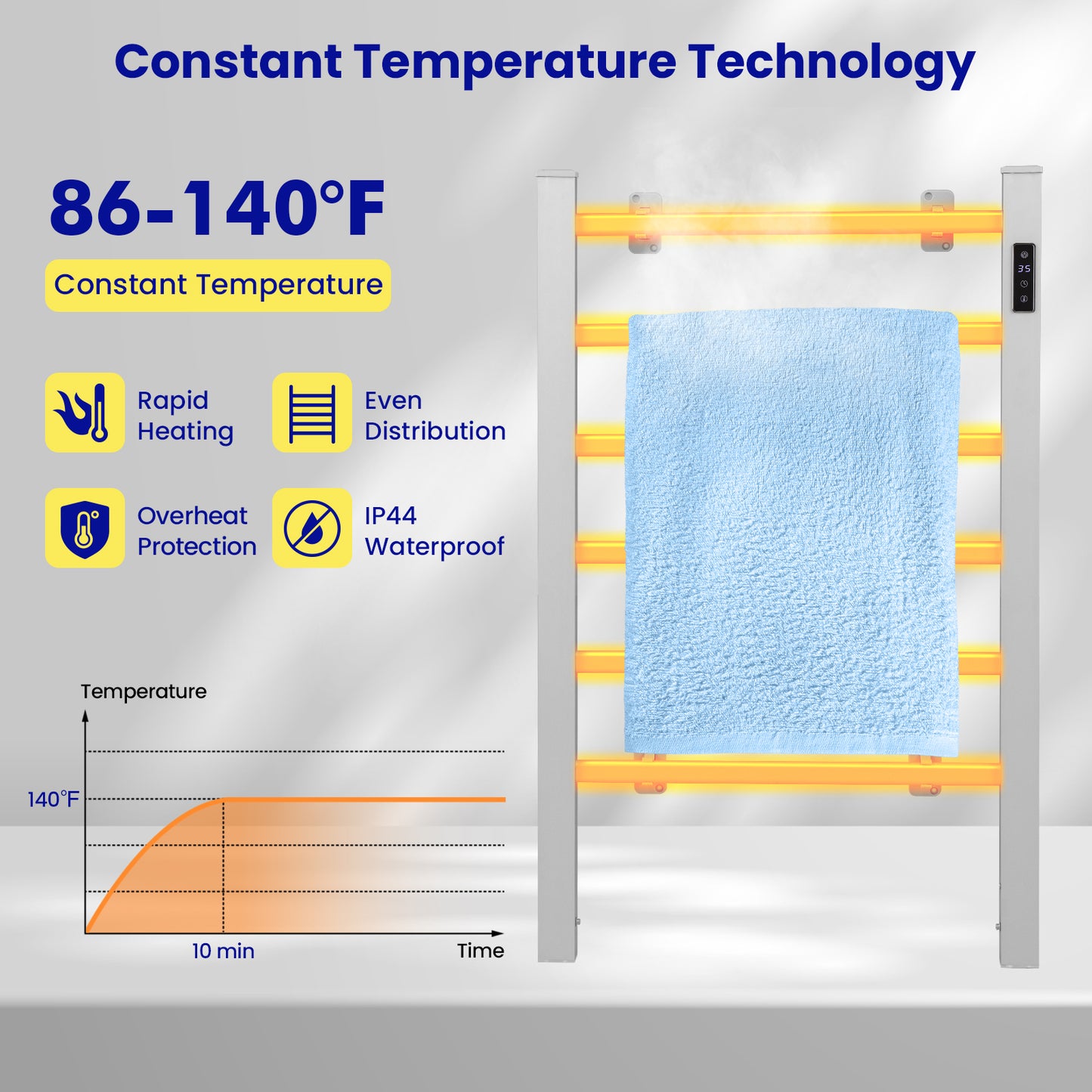 Freestanding & Wall-Mounted 6 Bar Towel Warmer with Timer & LED Display