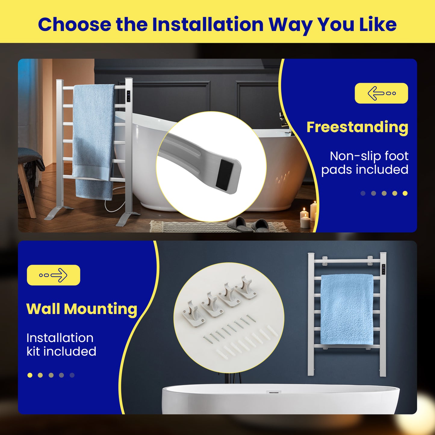 Freestanding & Wall-Mounted 6 Bar Towel Warmer with Timer & LED Display