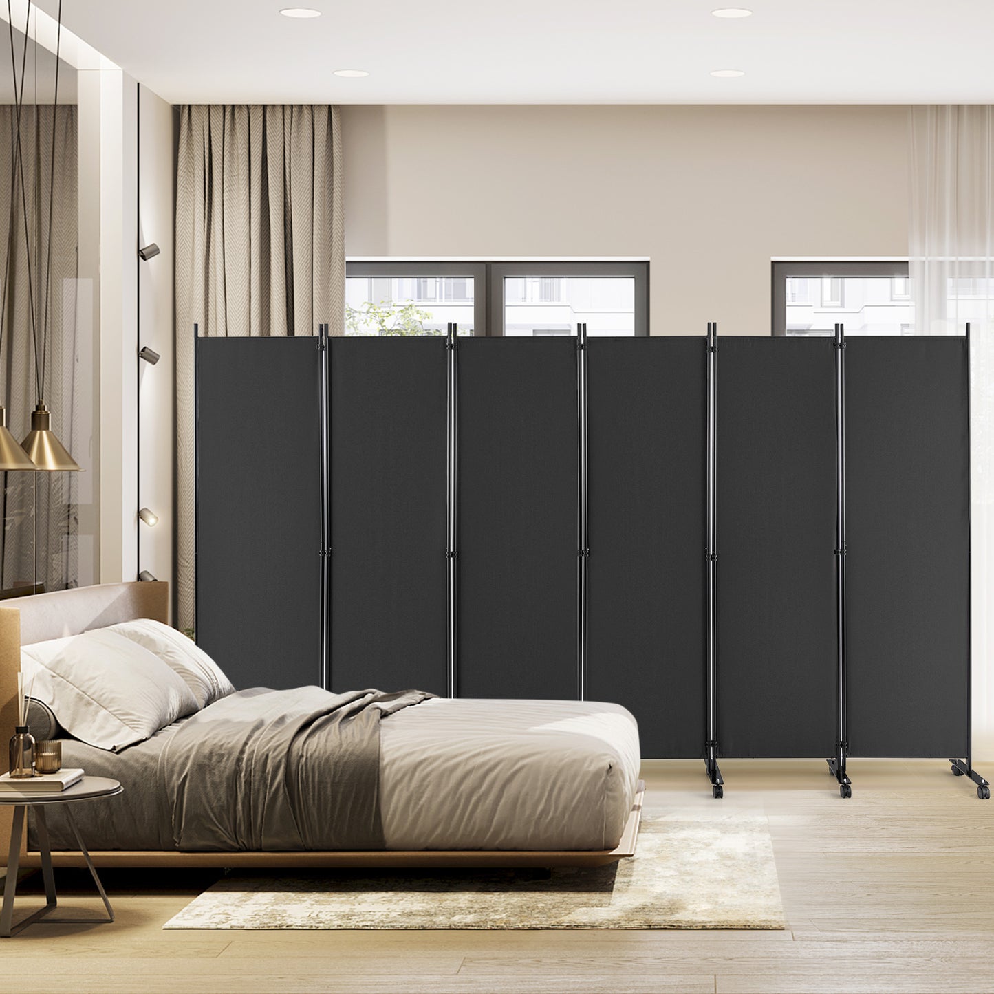 6-Panel 5.7 Ft Freestanding Room Divider with Rolling Lockable Wheels - Grey