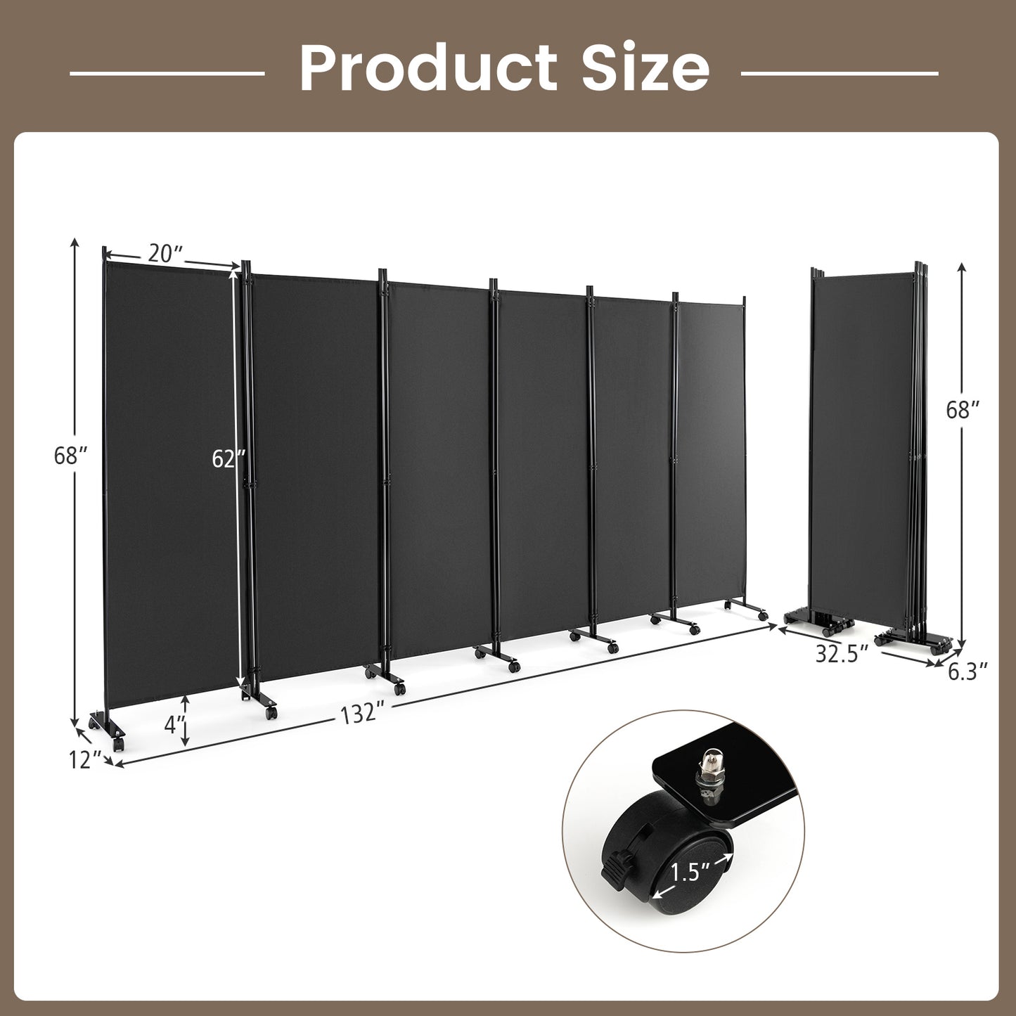 6-Panel 5.7 Ft Freestanding Room Divider with Rolling Lockable Wheels - Grey