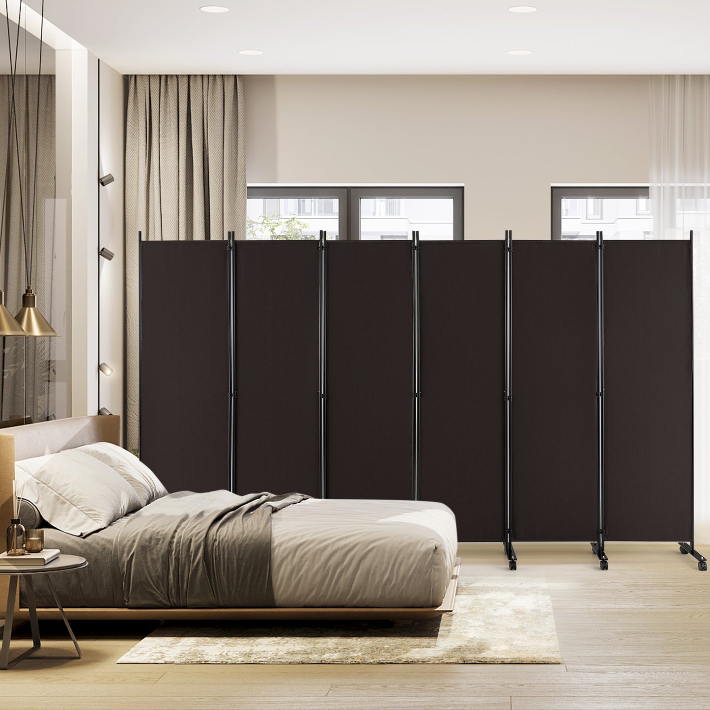 6-Panel 5.7 Ft Freestanding Room Divider with Rolling Lockable Wheels - Brown
