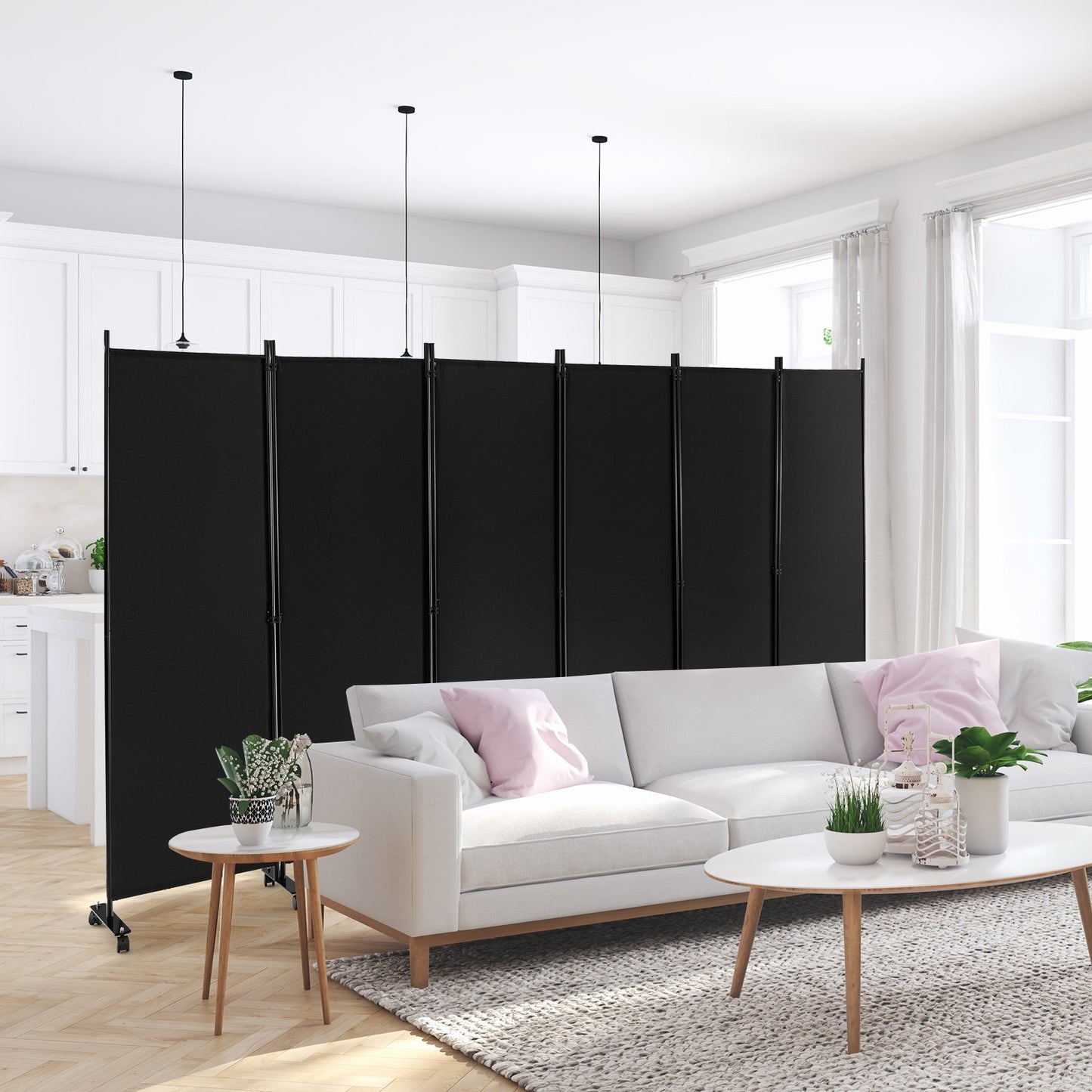 6-Panel 5.7 Ft Freestanding Room Divider with Rolling Lockable Wheels - Black