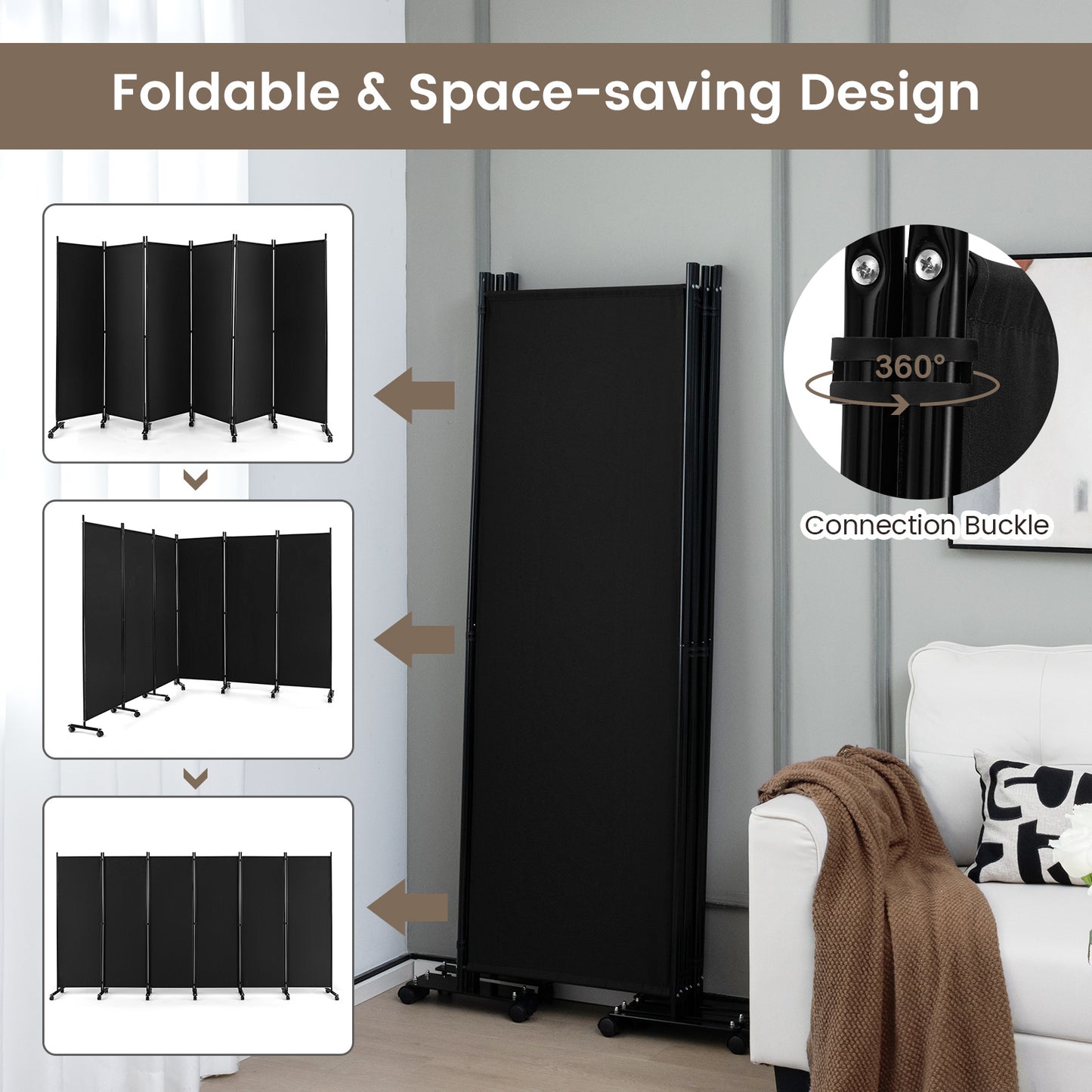 6-Panel 5.7 Ft Freestanding Room Divider with Rolling Lockable Wheels - Black