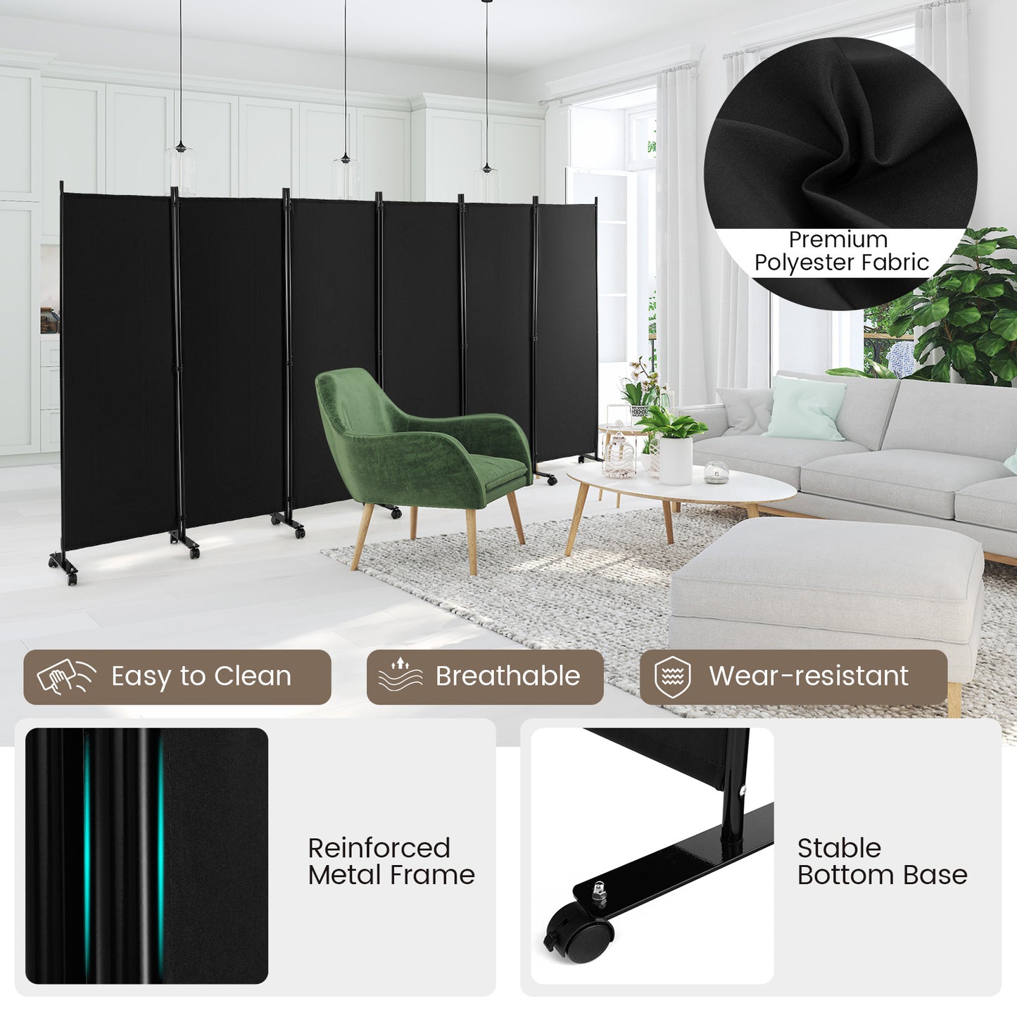 6-Panel 5.7 Ft Freestanding Room Divider with Rolling Lockable Wheels - Black