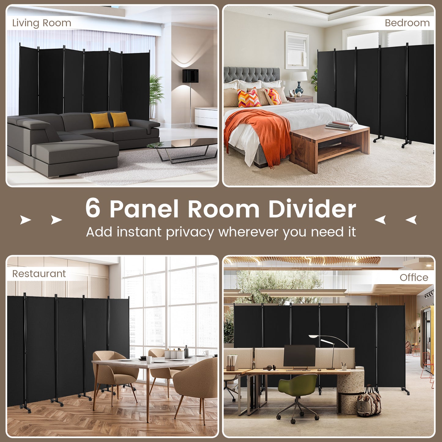 6-Panel 5.7 Ft Freestanding Room Divider with Rolling Lockable Wheels - Black