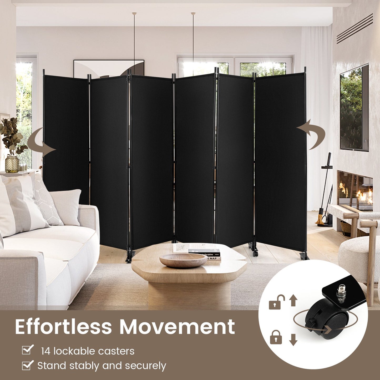 6-Panel 5.7 Ft Freestanding Room Divider with Rolling Lockable Wheels - Black