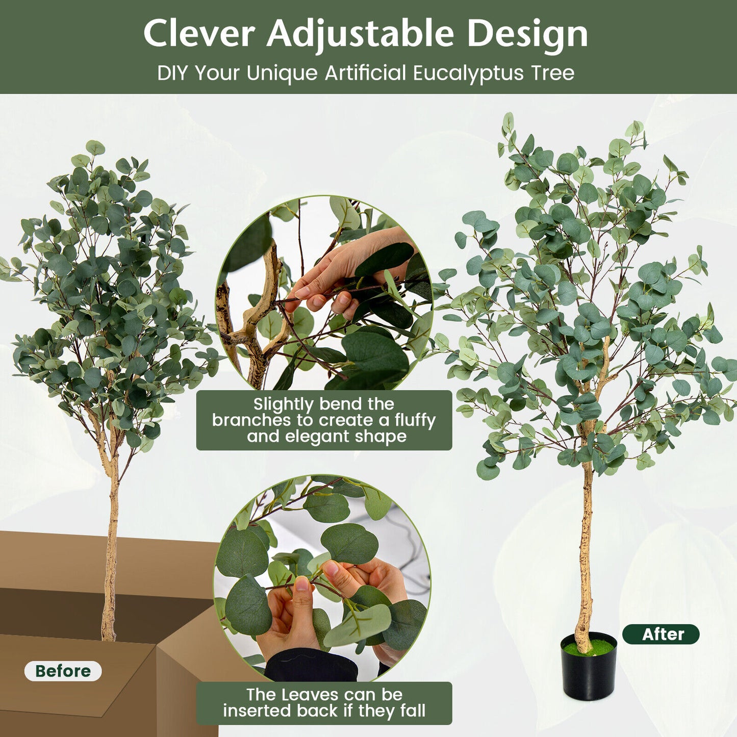 5.5ft Lifelike Artificial Eucalyptus Tree with 517 Silver Dollar Leaves for Home & Office Decor
