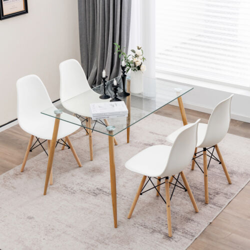 5 Piece Modern Glass Dining Table Set with 51 Inch Rectangular Table and White Chairs