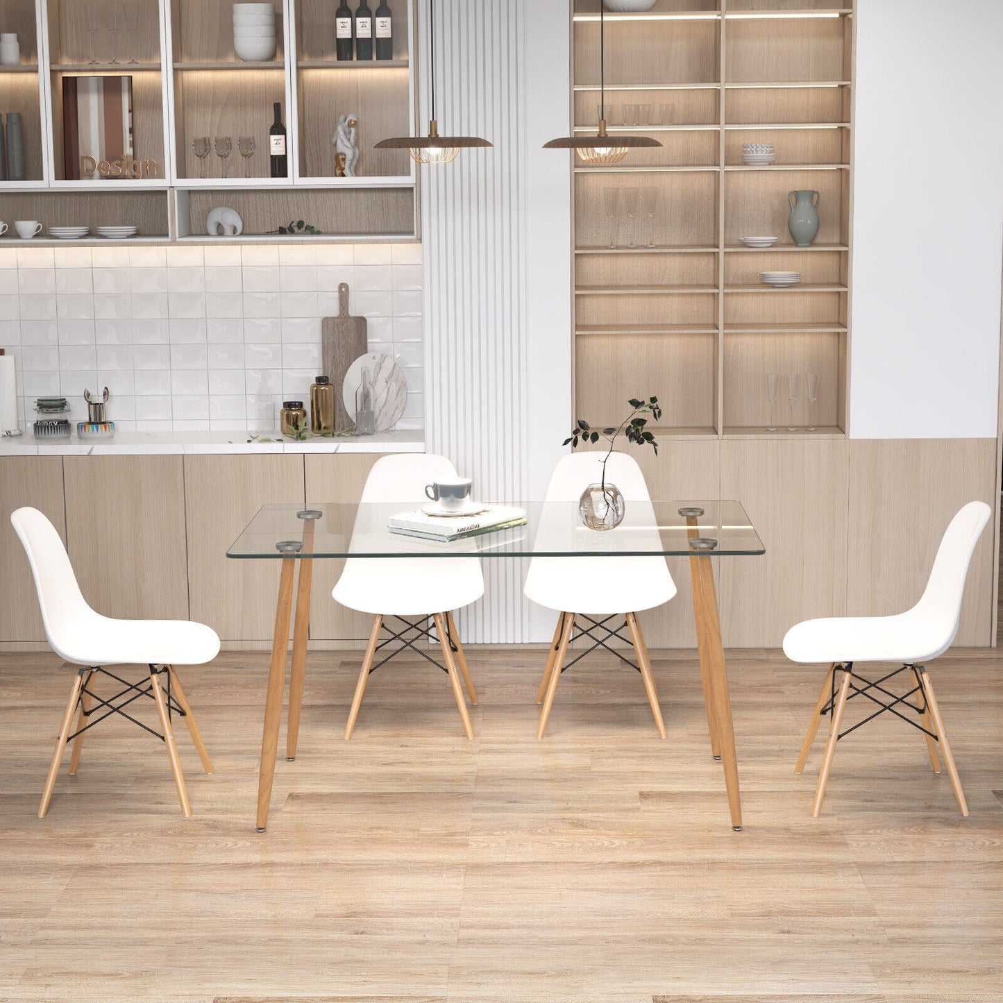 5 Piece Modern Glass Dining Table Set with 51 Inch Rectangular Table and White Chairs