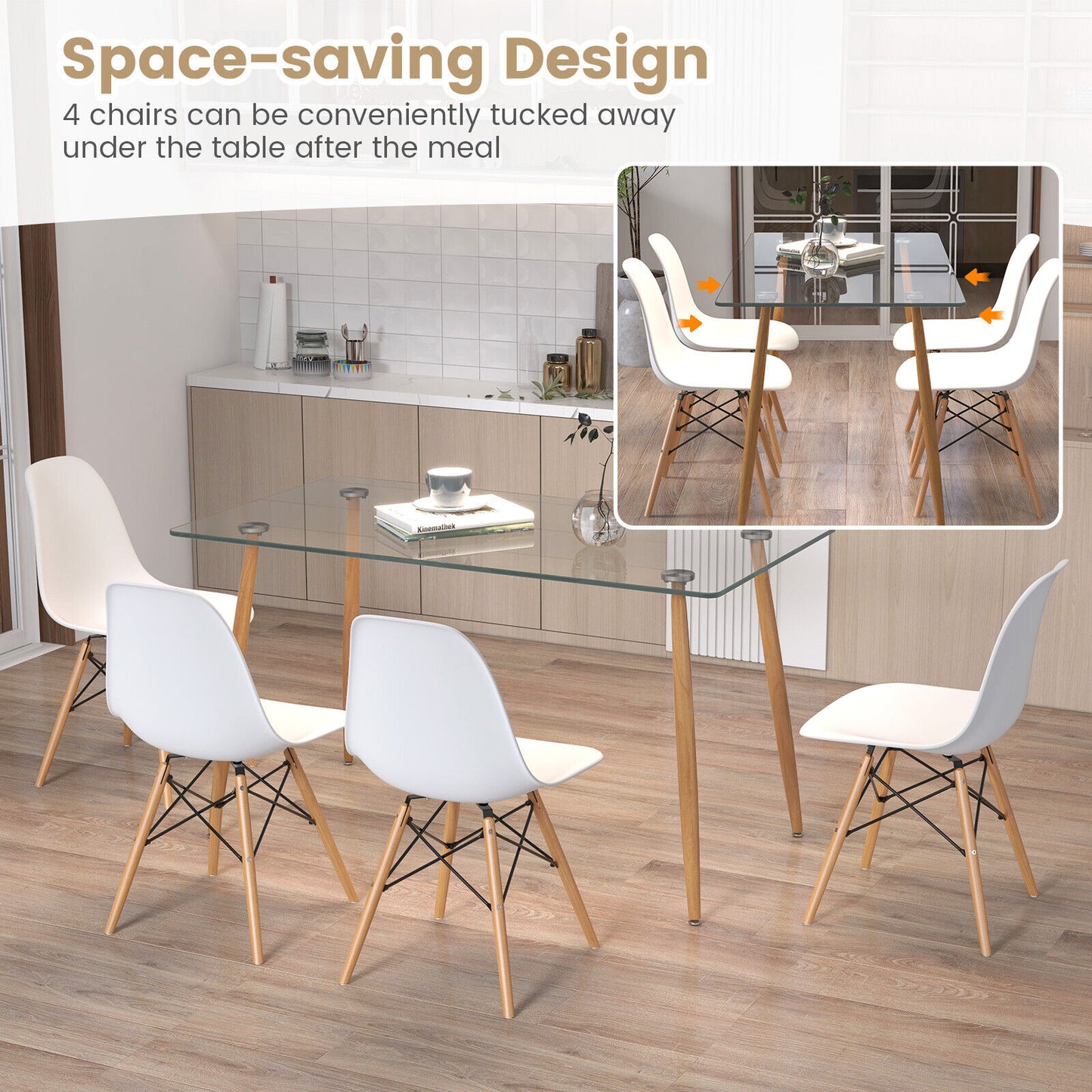5 Piece Modern Glass Dining Table Set with 51 Inch Rectangular Table and White Chairs
