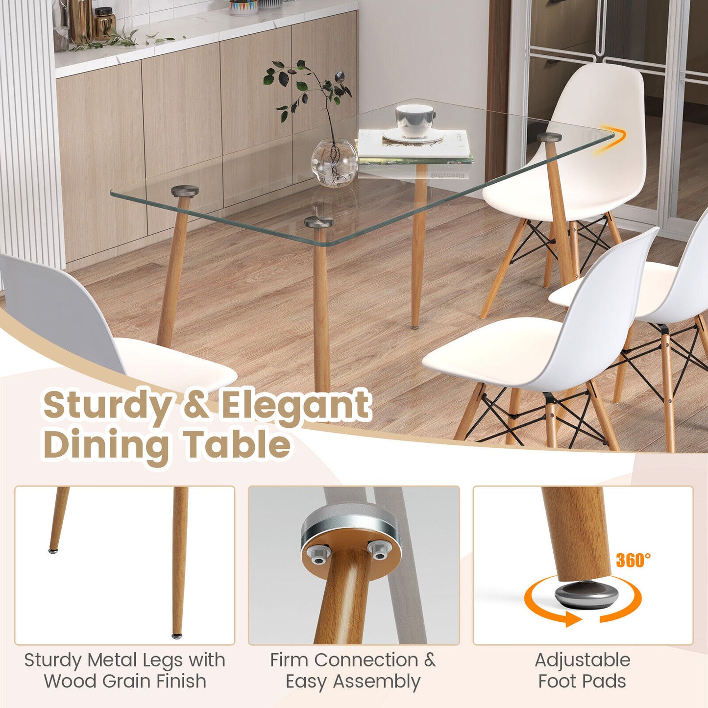 5 Piece Modern Glass Dining Table Set with 51 Inch Rectangular Table and White Chairs